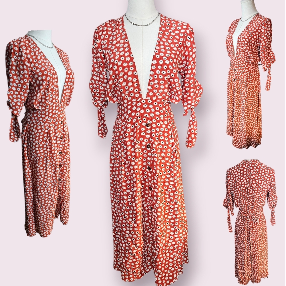 Faithfull the Brand Red and White Floral Midi Dress